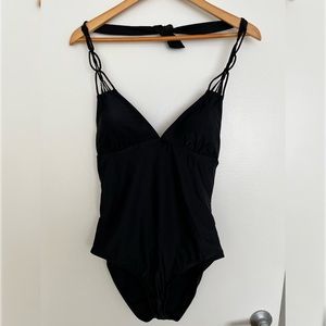 One piece black bikini with V-neck